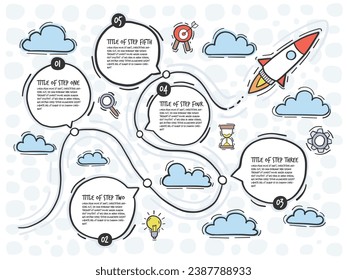 Infografía de inicio de Doodle con 5 opciones. Esbozo a mano libre con iconos de color. Ilustración vectorial.