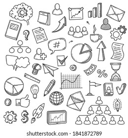 Doodle startup. Sketch smart idea concept with light bulb, digital innovation company and icons, teaching business marketing, vector set. Marketing innovation startup, light bulb sketch illustration