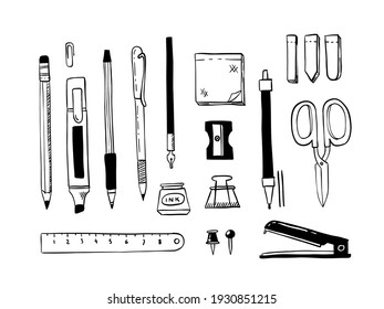 Doodle stationery. Hand drawn school and office tools, pen pencil marker sticker ruler scissors. Vector isolated graphic set