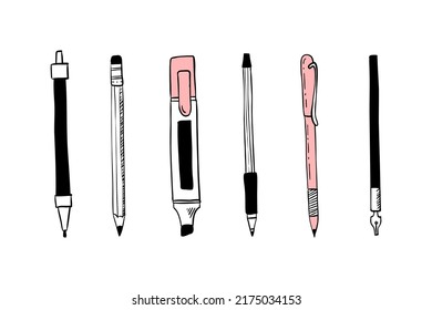 Doodle stationery  Pens   pencils  Office supplies  School accessories  Isolated highlighter  Ink stylus  Line silhouette art  Writing tools  Calligraphy instrument  Vector sketch set