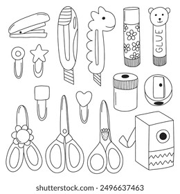 Doodle stationery vector set. Hand drawn school supplies vector set. Scissors, glue stick, sharpener and paper clips