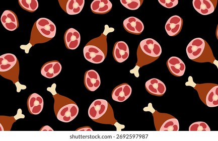 Doodle Steak and Beef Meat Seamless Pattern Background. Hand Drawn Food Design. Seamless Food Background Vector