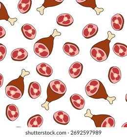 Doodle Steak and Beef Meat Seamless Pattern Background. Hand Drawn Food Design. Seamless Food Background Vector