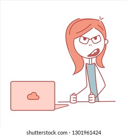 Doodle stick figure: Angry girl working with computer. Vector