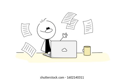 Doodle stick figure: blogging, creative writing, engaging content and content management. Outline blogger, writer typing texts for blog post. Hand drawn cartoon vector illustration for business design