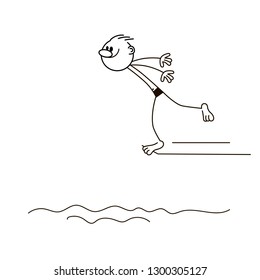 Doodle stick figure: boy jumps into the water. Vector.