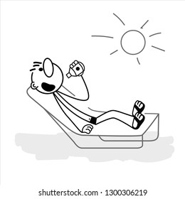 Doodle stick figure: Boy sunbathing and drinking water. Vector.