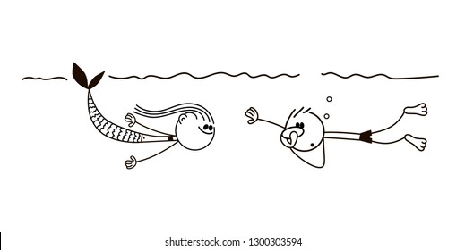 Doodle stick figure: boy swim and dive underwater. Boy and mermaid. Vector.