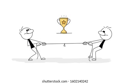 Doodle stick figure: Business competition, rivals pulling a rope, tug of war, fighting for the prize, cup. Victory concept. Hand drawn cartoon vector illustration for business design.