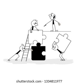 Doodle stick figure: Business concept. Team metaphor. people connecting puzzle elements. Vector.