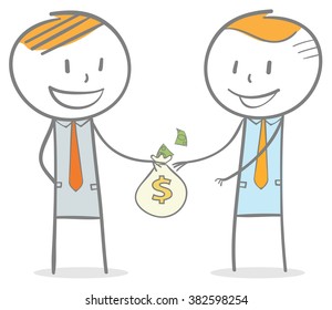 Doodle stick figure: A business man giving a bag of money to his colleague