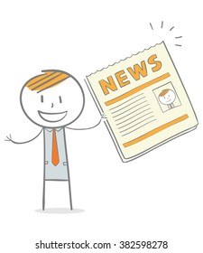 Doodle stick figure: A business man showing a newspaper with his profile on it
