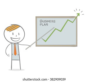 Doodle stick figure: Business man showing a growing graph