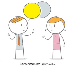 Doodle stick figure: A business man and business woman talking with a speech bubbles over their head.