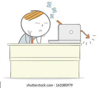Doodle stick figure: Businessman asleep on his office desk