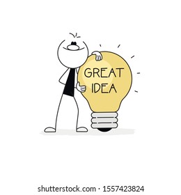 Doodle stick figure: Businessman with bulb idea. Great Idea image. Hand drawn cartoon vector illustration for business design.