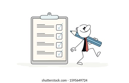 Doodle stick figure: Businessman has finished filling out a questionnaire. Man leaves with a large pencil on his shoulder. Hand drawn cartoon vector illustration for business design.