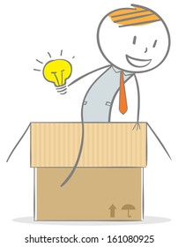 Doodle stick figure: Businessman holding a lightbulb idea symbol getting out of the box.