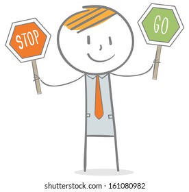 Doodle Stick Figure: Businessman Holding Stop And Go Sign