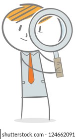 Doodle stick figure: Businessman looking through magnifying glass