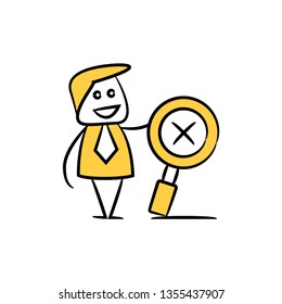 doodle stick figure businessman with magnifier glass and cross mark