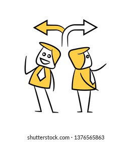 doodle stick figure businessman make decision left or right concept