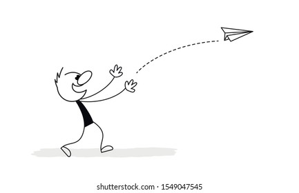 Doodle stick figure: Businessman or man playing with flying paper origami airplane. Business metaphor. Hand drawn vector illustration.