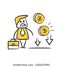 doodle stick figure businessman with money crisis concept