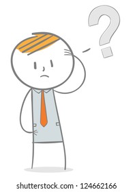 Doodle stick figure: Businessman with question mark on his tought