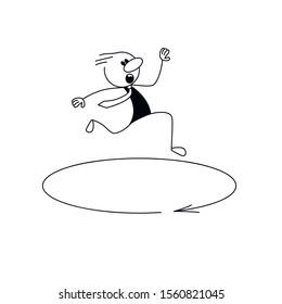 Doodle stick figure: Businessman running in a circle. Hand drawn cartoon vector illustration for business design.