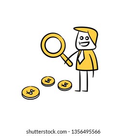 doodle stick figure businessman searching money coin for good investor concept