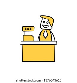 doodle stick figure businessman sitting with cashier machine