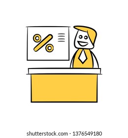 doodle stick figure businessman sitting and present percentage