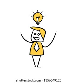 doodle stick figure businessman thinking, idea light bulb