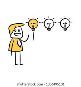 doodle stick figure businessman turning on light bulb