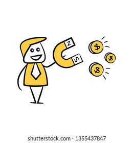 doodle stick figure businessman using magnet to attract money