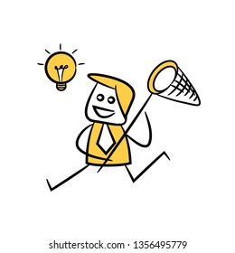 doodle stick figure businessman using hand net catching idea light bulb