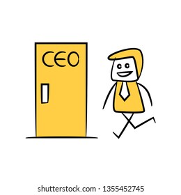 doodle stick figure businessman walking to CEO door