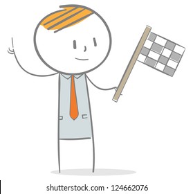 Doodle stick figure: Businessman waving a chekered flag