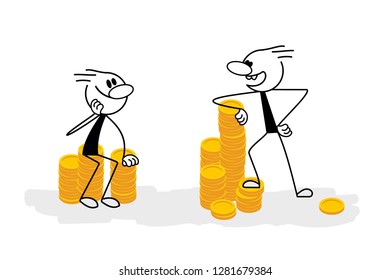 Doodle stick figure: Businessmen with pile of money. Vector.