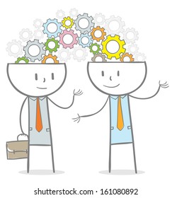 Doodle stick figure: Businessperson connected with idea, gears coming out from heads