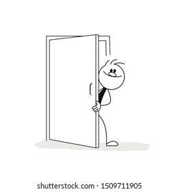 Doodle stick figure: Cartoon stick man of smiling businessman peeping out of the open door. Hand drawn cartoon vector illustration for business design.