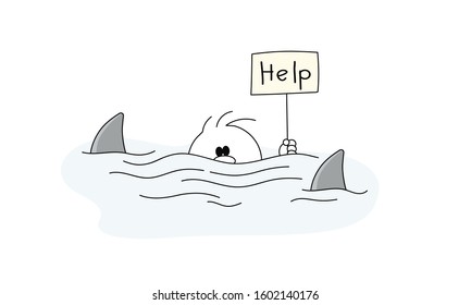Doodle stick figure: Cartoon figure of a man with a sign in his hand help and dangerous sharks swimming nearby. Hand drawn cartoon vector illustration for business design.