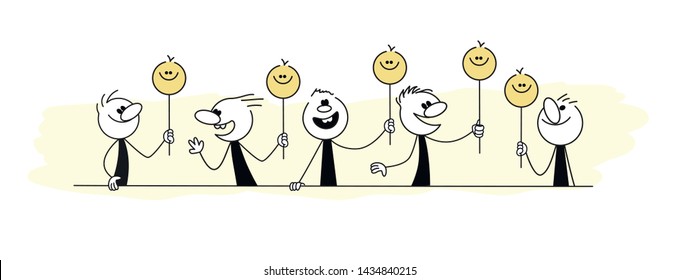 Doodle Stick Figure: Cartoon People Holding Smiley Face Symbol. Hand Drawn Vector Illustration For Business And School Design.