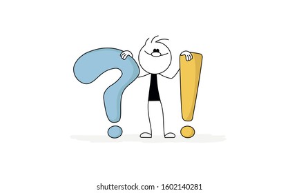 Doodle stick figure: character man man with question and exclamation marks. Hand drawn cartoon vector illustration for business design.