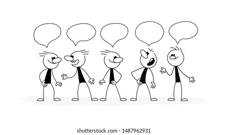 Doodle stick figure: Cute miniature style, Crowd of people with speech bubbles, business teamwork and partnership concept, illustration vector design for infographic or other uses.