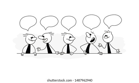 Doodle stick figure: Cute miniature style, Crowd of people with speech bubbles, business teamwork and partnership concept, illustration vector design for infographic or other uses.