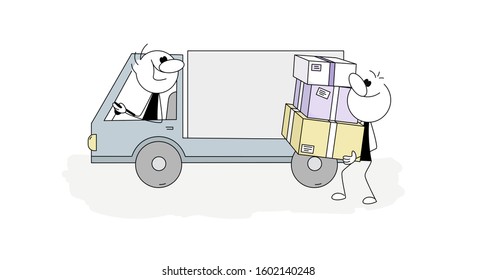 Doodle stick figure: Delivery van, fast service truck, moving house. Postman, loader worker or courier delivering packages. Hand drawn cartoon vector illustration.