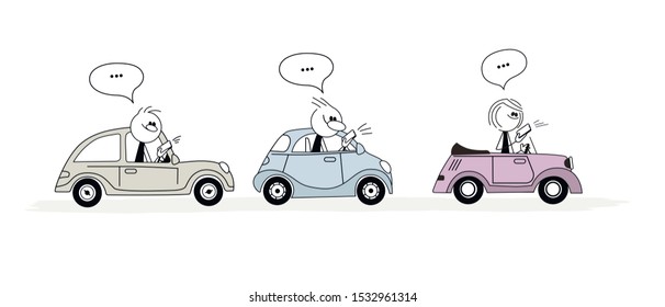 Doodle stick figure: drivers with phones sending sms. Vector