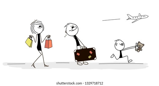 Doodle stick figure: Family at the airport, man carrying suitcase, woman with bags, boy wit toy. - Vector